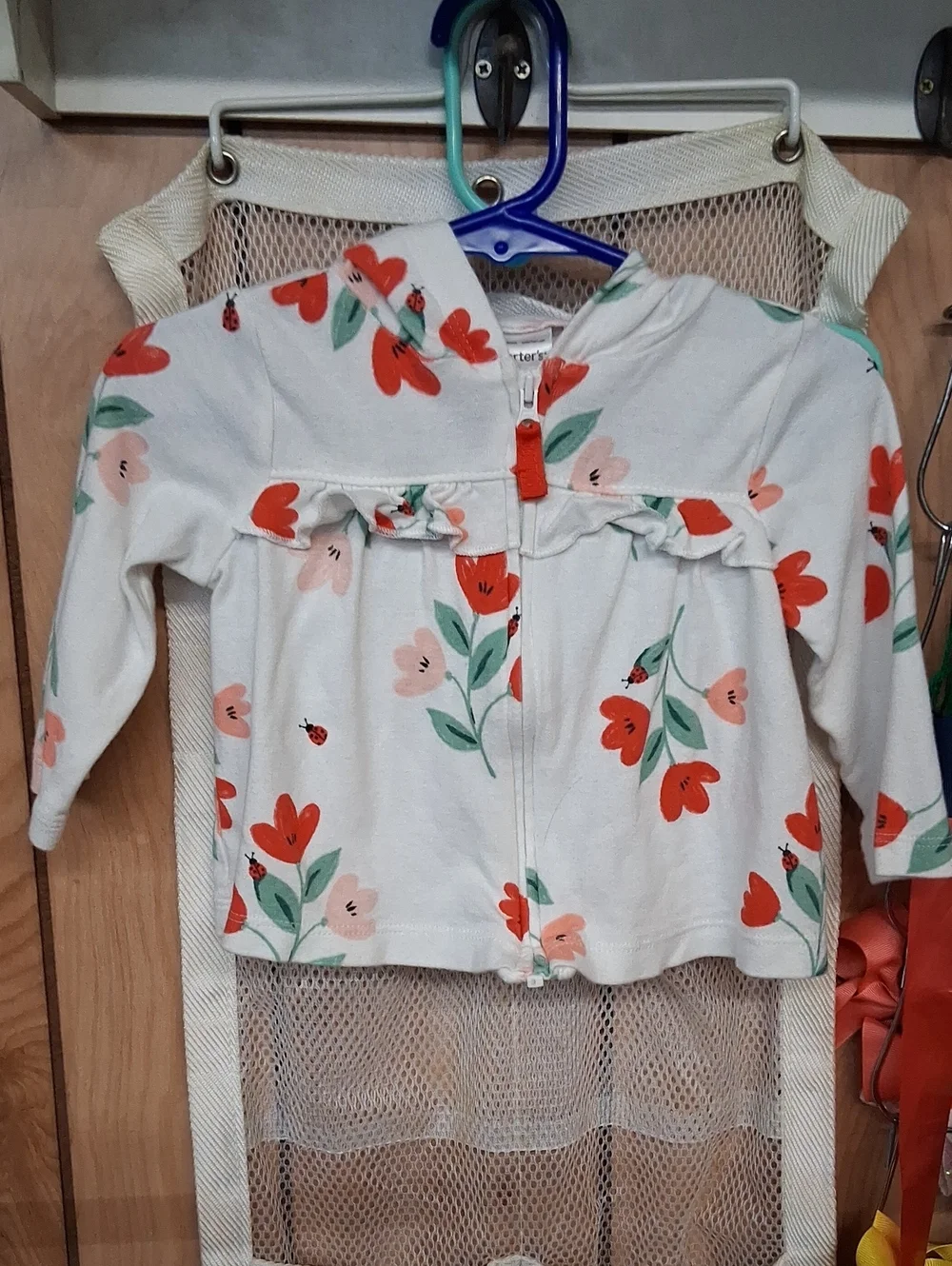 Carter's Cream Hooded Zip Sweatshirt with Red & Pink Floral Print